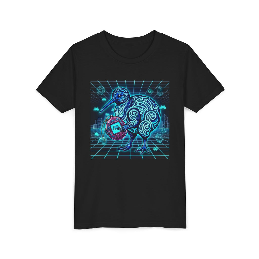 Youth Tee — Neon Tamagotchi Tribal Kiwi Bird Graphic