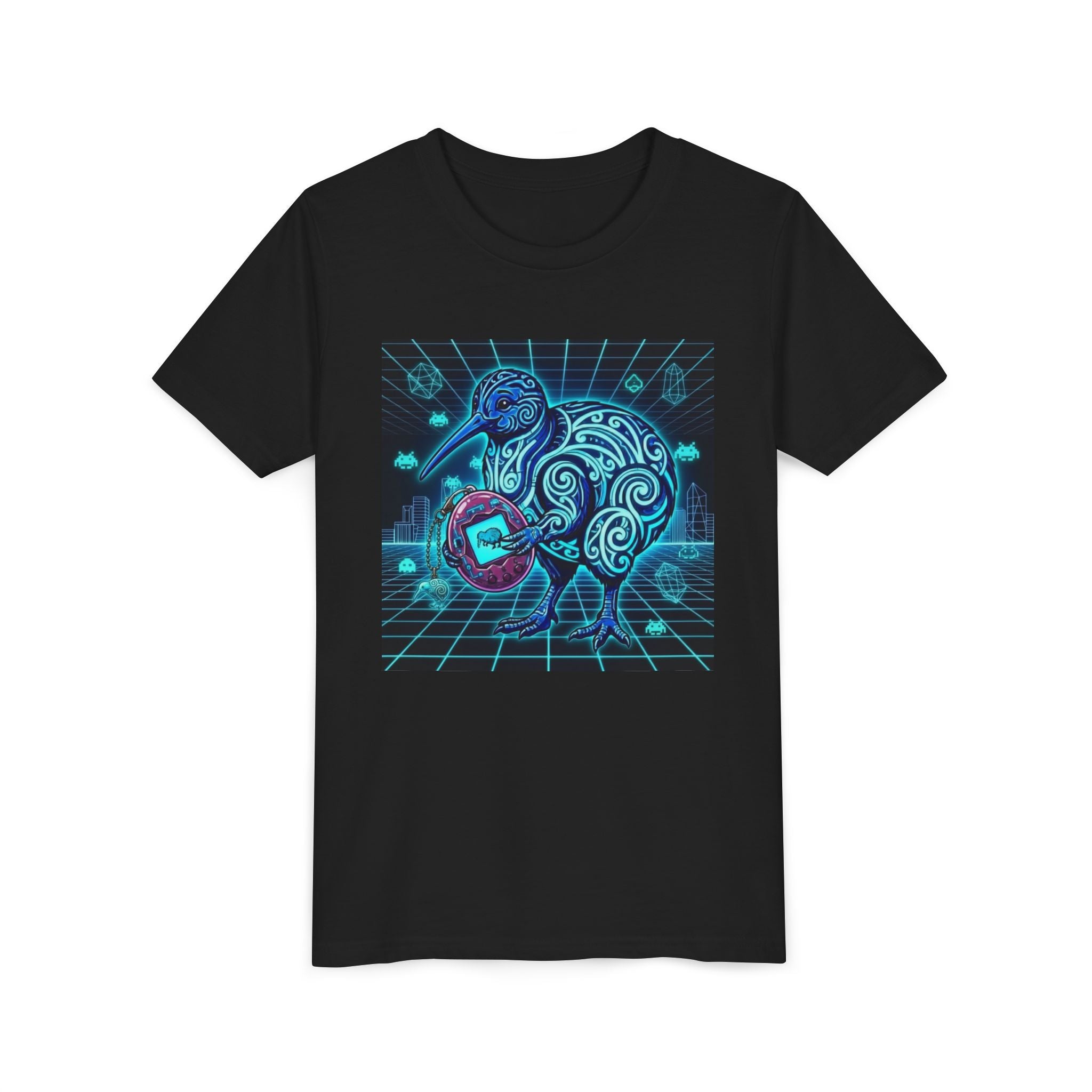 Youth Tee — Neon Tamagotchi Tribal Kiwi Bird Graphic