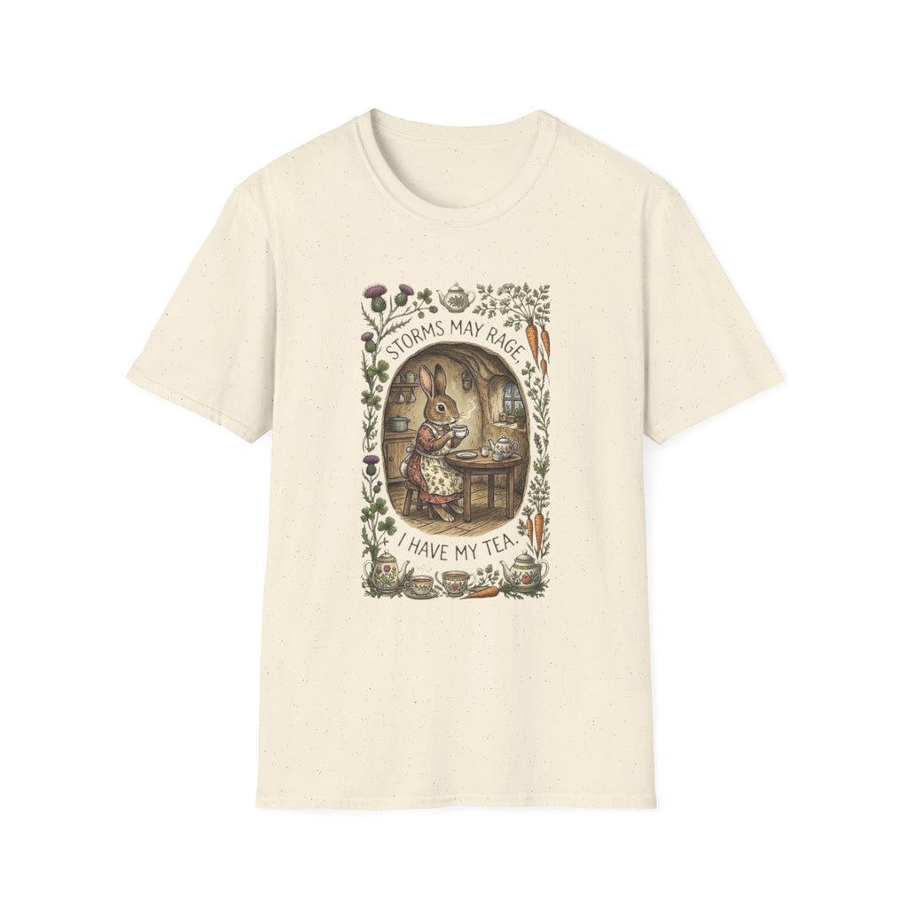 Storms May Rage I Have My Tea Rabbit Tee — Cozy Tea Time Woodland Shirt