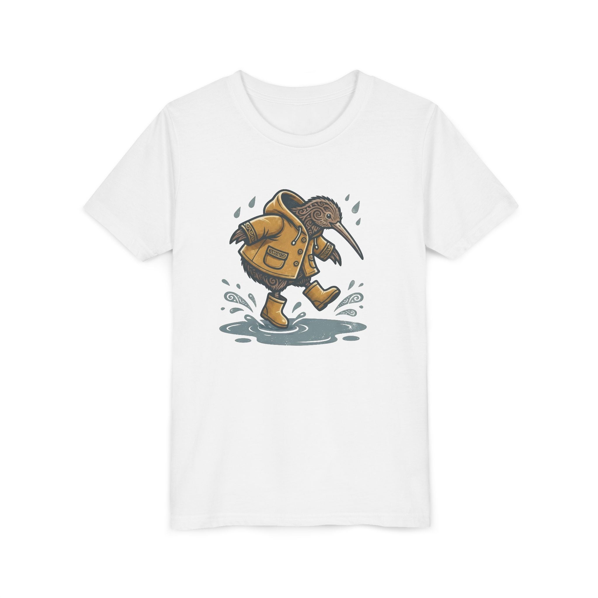 Youth T‑Shirt — Cute Kiwi Bird in Raincoat Splash Design