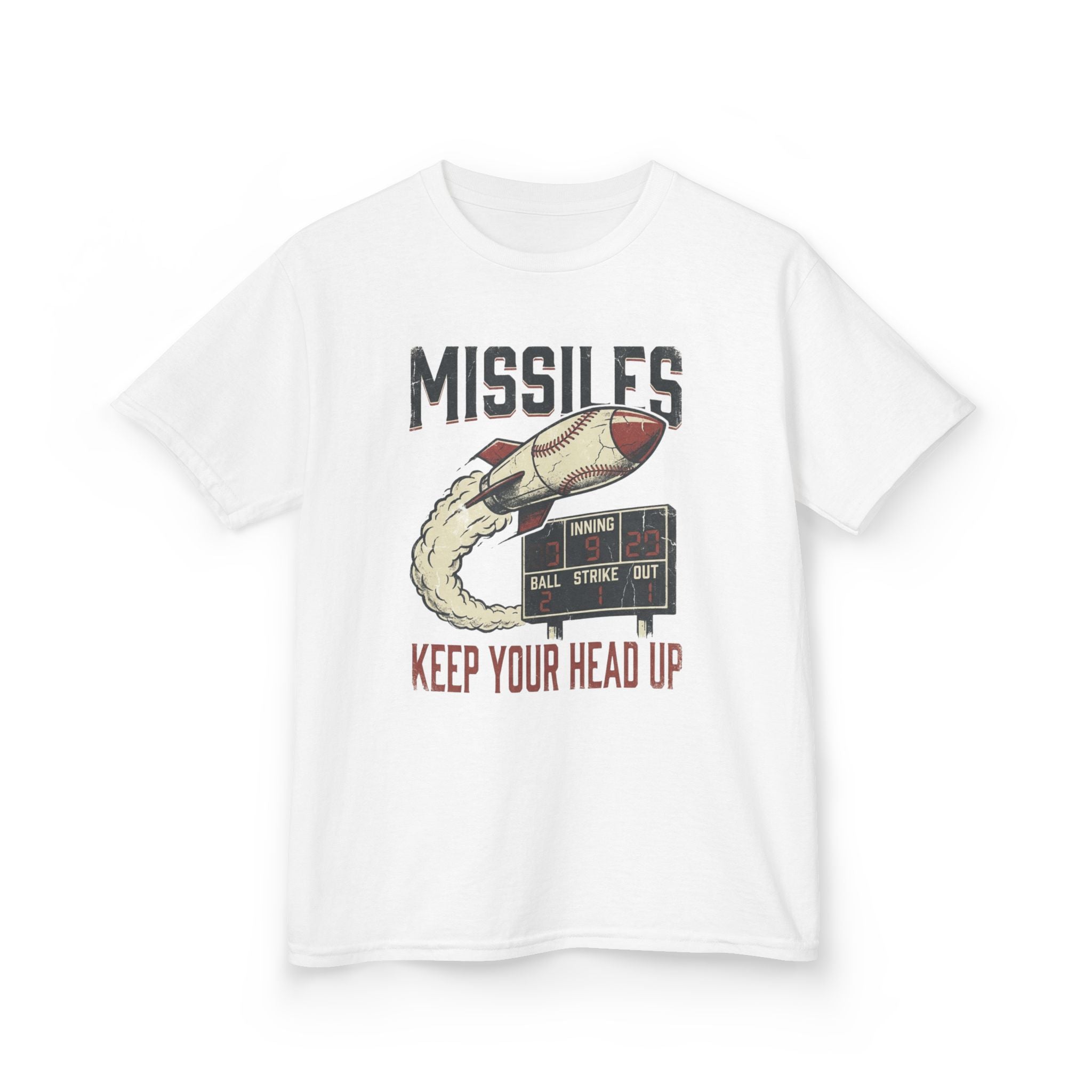 'Missiles Keep Your Head Up' Kids Retro Rocket Graphic