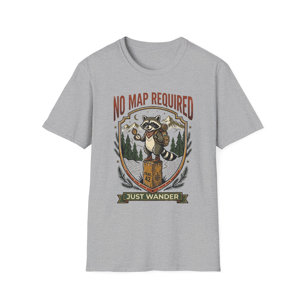 No Map Required Hiking T-Shirt — Cute Raccoon Backpacker Graphic Tee for Outdoor Lovers
