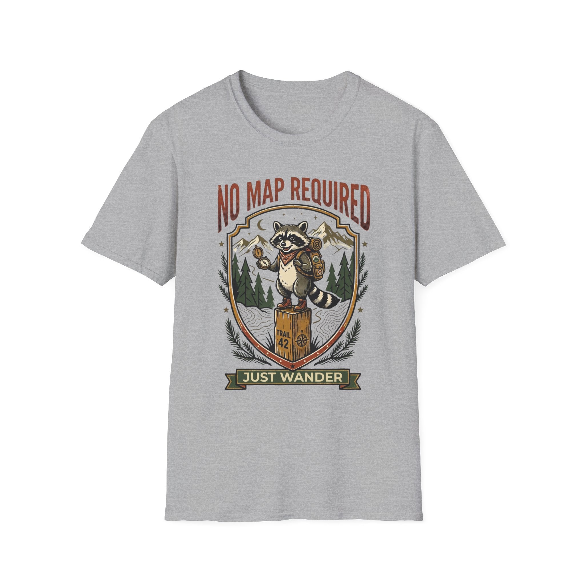 No Map Required Hiking T-Shirt — Cute Raccoon Backpacker Graphic Tee for Outdoor Lovers