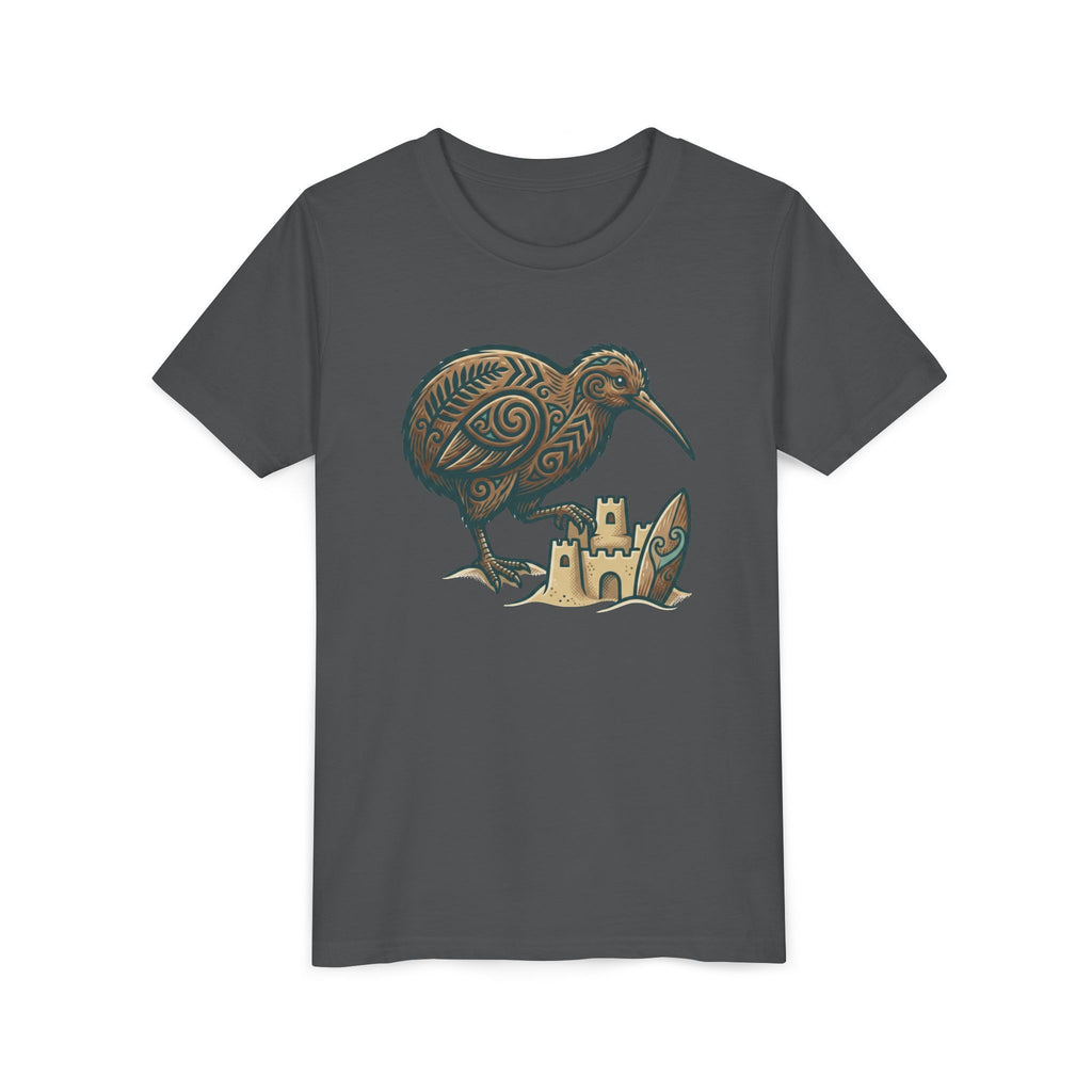 Youth Tee — Kiwi Bird & Sandcastle Kids T‑Shirt (Cute Beach Animal Design)