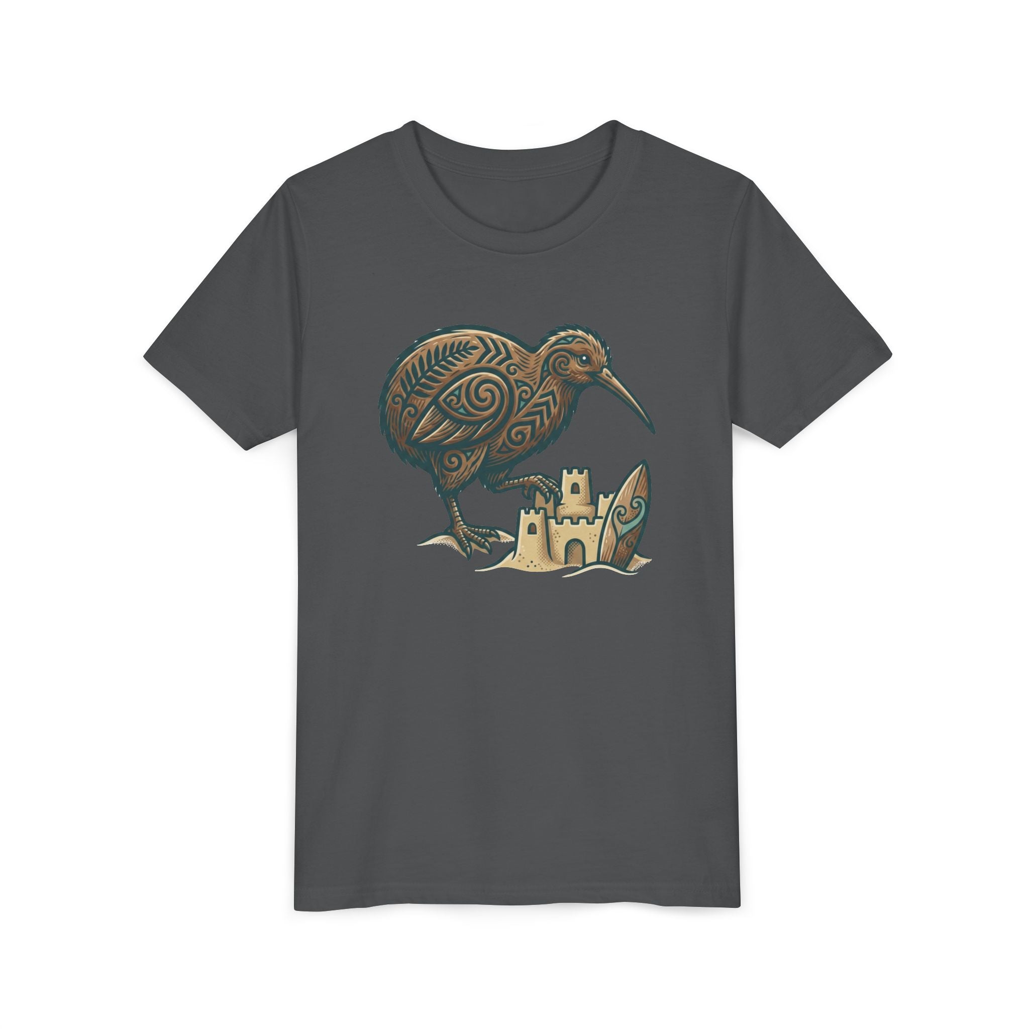 Youth Tee — Kiwi Bird & Sandcastle Kids T‑Shirt (Cute Beach Animal Design)