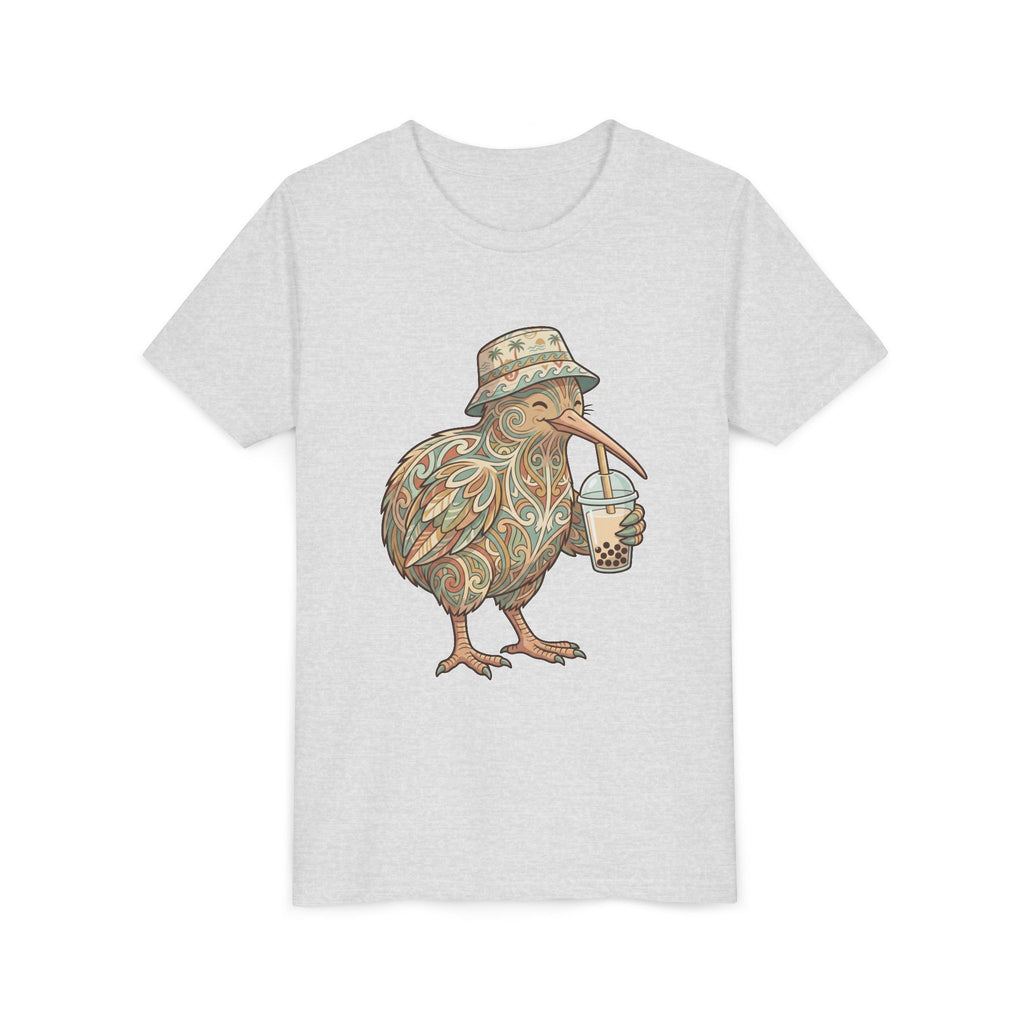 Youth Tee — Whimsical Kiwi Bird Drinking Bubble Tea Graphic