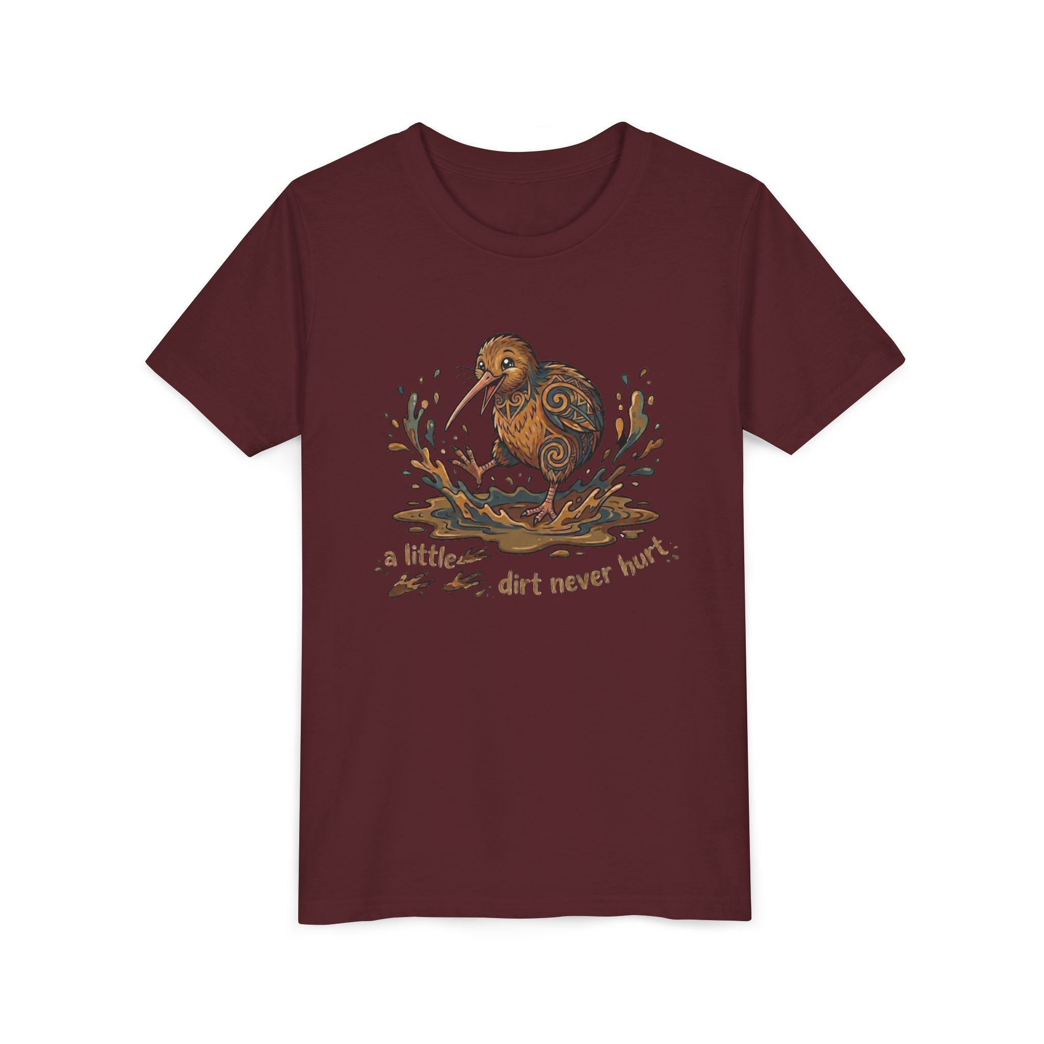 Youth Tee — Cute Kiwi Bird Splash “a little dirt never hurt” Kids Graphic Shirt