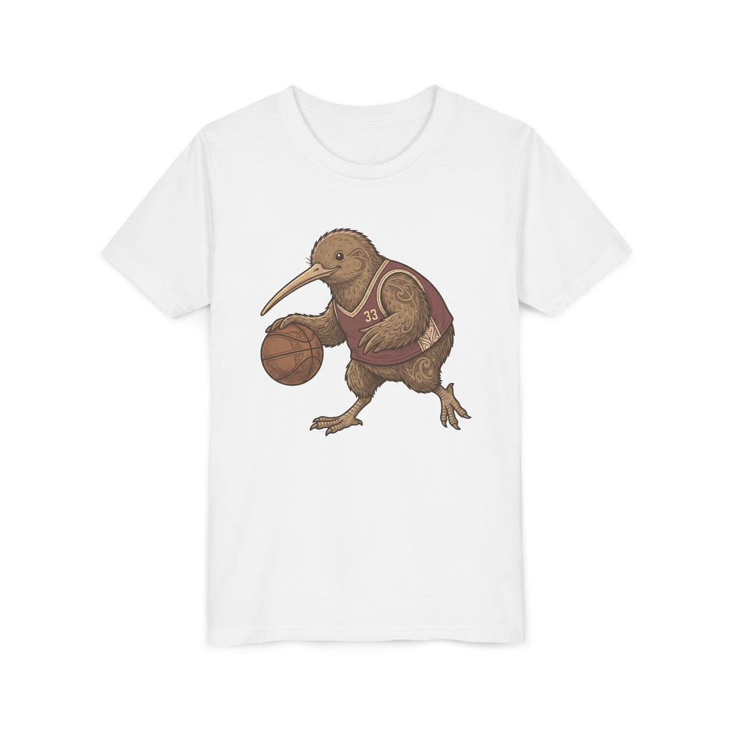 Kids Kiwi Basketball T‑Shirt — Cute Kiwi Bird Dribbling Graphic Tee