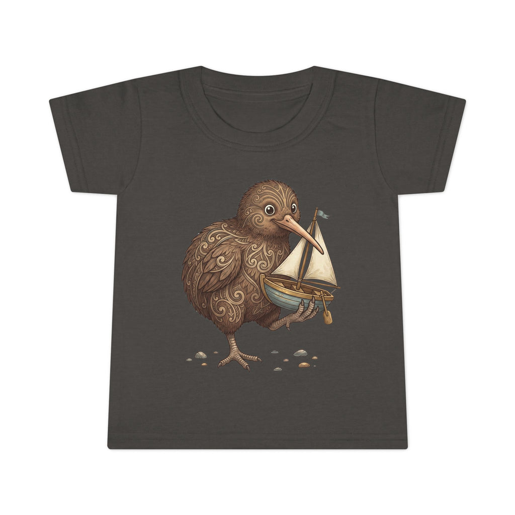 Toddler T-Shirt — Whimsical Kiwi Bird Holding Toy Sailboat Kids Tee