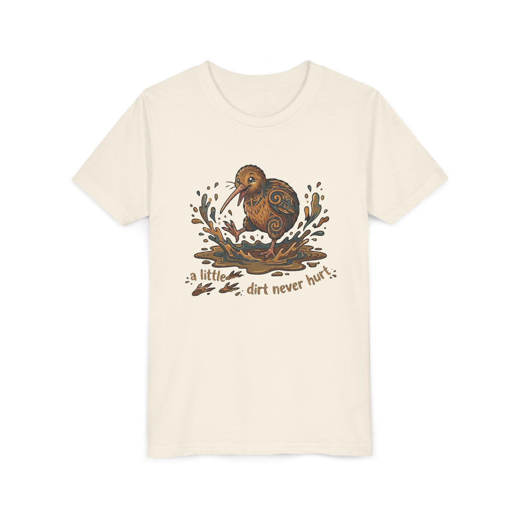 Youth Tee — Cute Kiwi Bird Splash “a little dirt never hurt” Kids Graphic Shirt