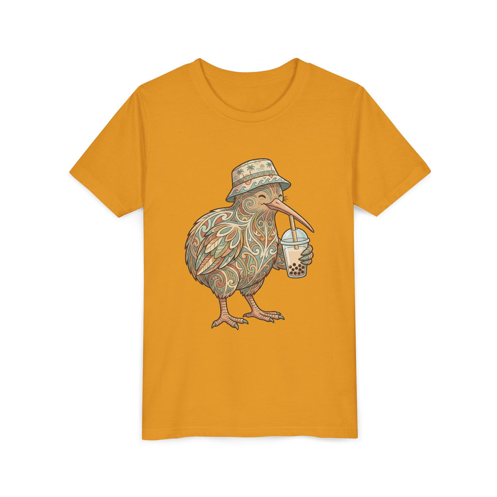 Youth Tee — Whimsical Kiwi Bird Drinking Bubble Tea Graphic