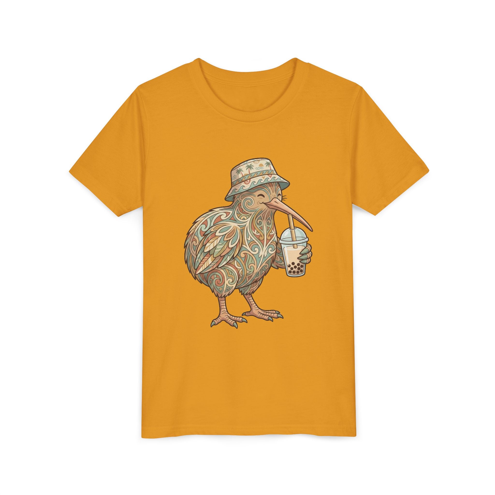 Youth Tee — Whimsical Kiwi Bird Drinking Bubble Tea Graphic