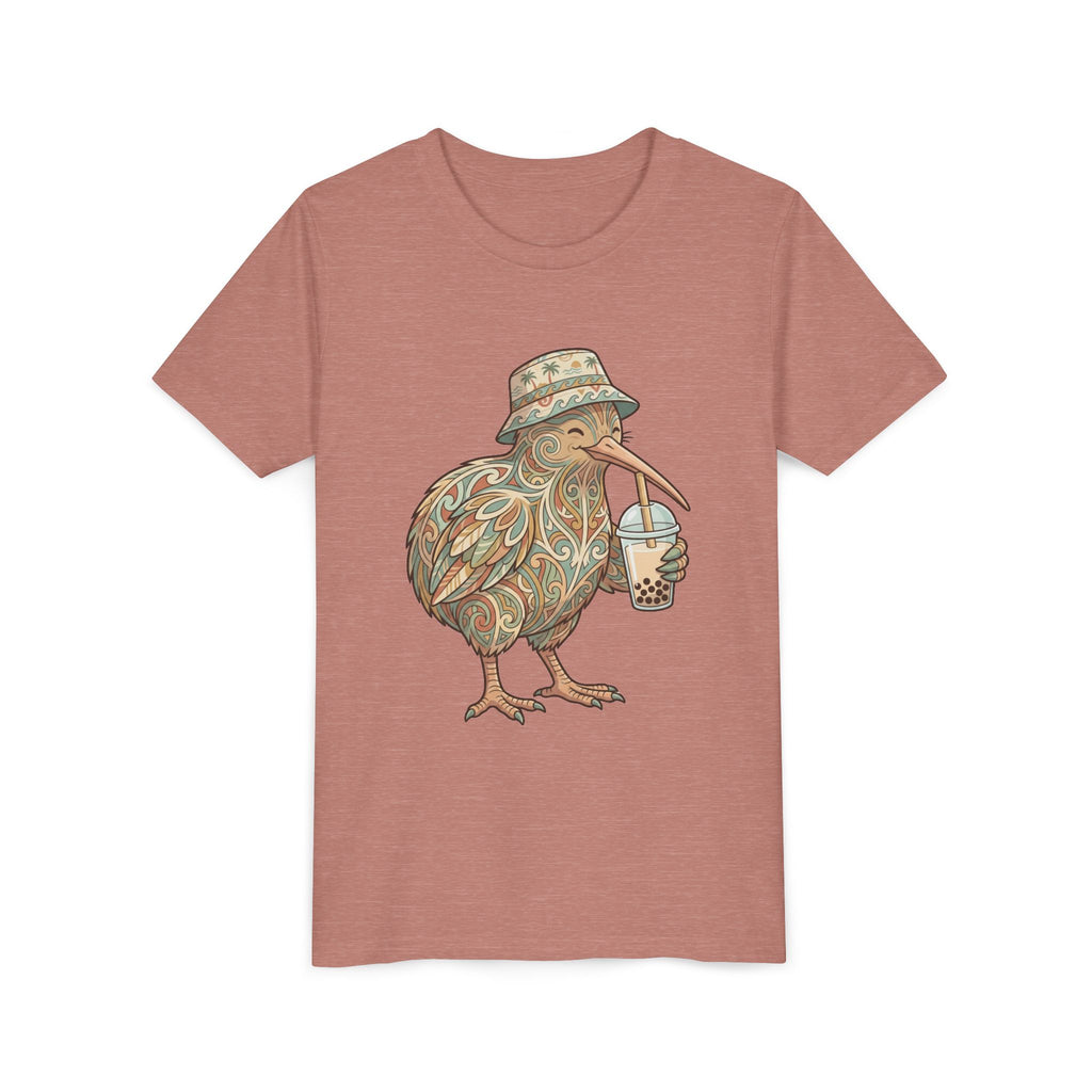 Youth Tee — Whimsical Kiwi Bird Drinking Bubble Tea Graphic