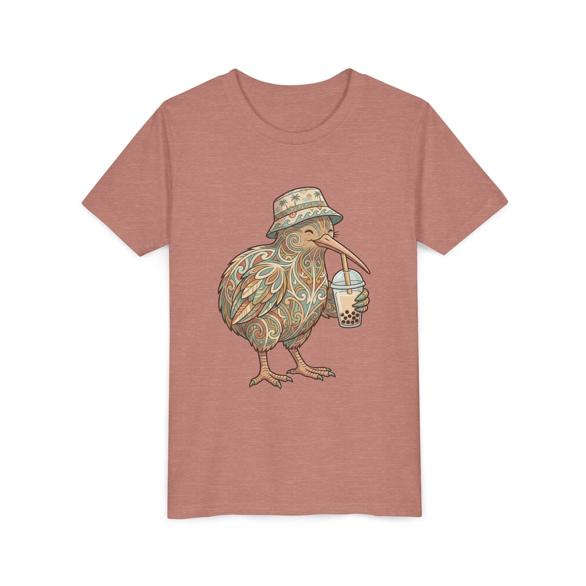 Youth Tee — Whimsical Kiwi Bird Drinking Bubble Tea Graphic