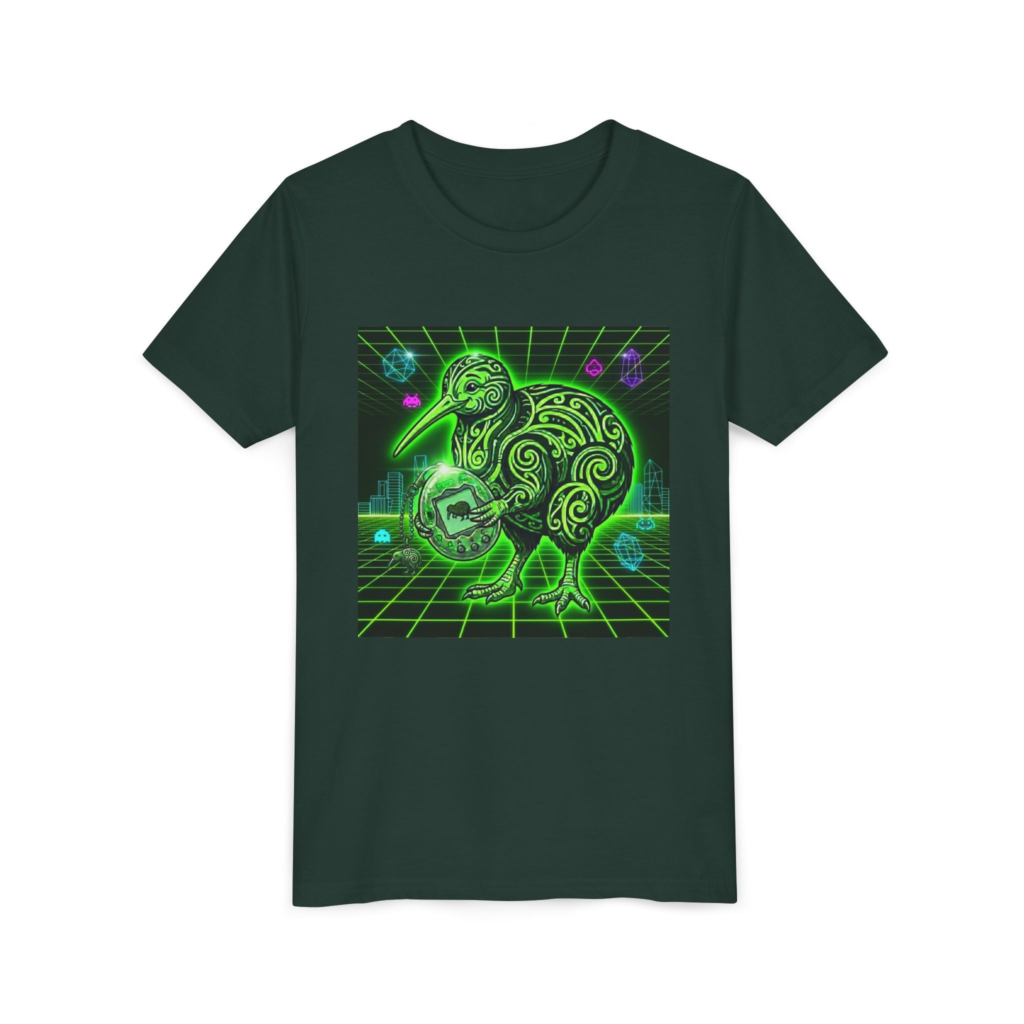 Retro Neon Green Kiwi Bird Youth Tee — Futuristic Tamagotchi Tribal Kiwi Graphic Shirt
