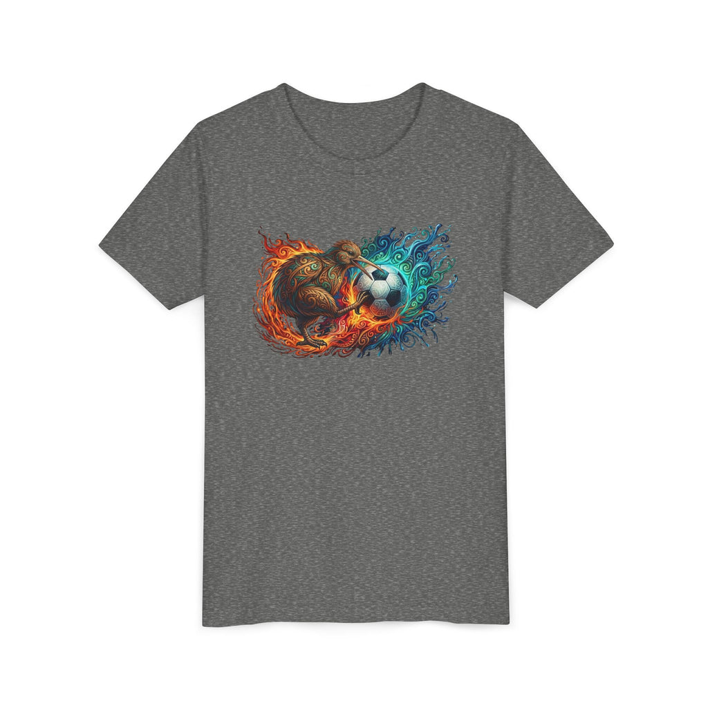 Youth Soccer Kiwi T‑Shirt — Fire & Water Soccer Ball Graphic Tee