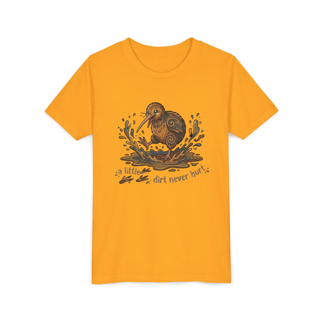 Youth Tee — Cute Kiwi Bird Splash “a little dirt never hurt” Kids Graphic Shirt