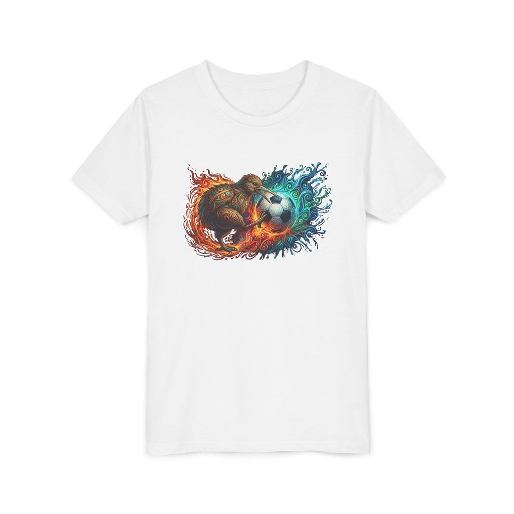 Youth Soccer Kiwi T‑Shirt — Fire & Water Soccer Ball Graphic Tee