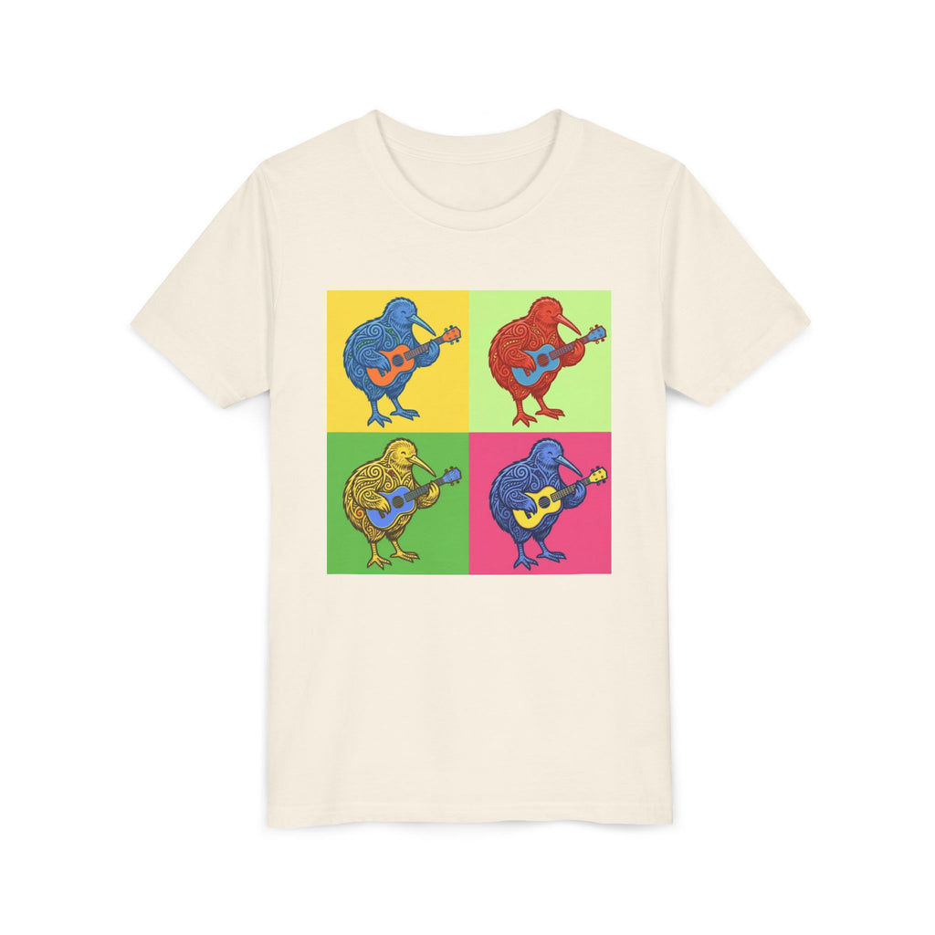 Youth Tee — Pop Art Kiwi Bird Playing Guitar Graphic