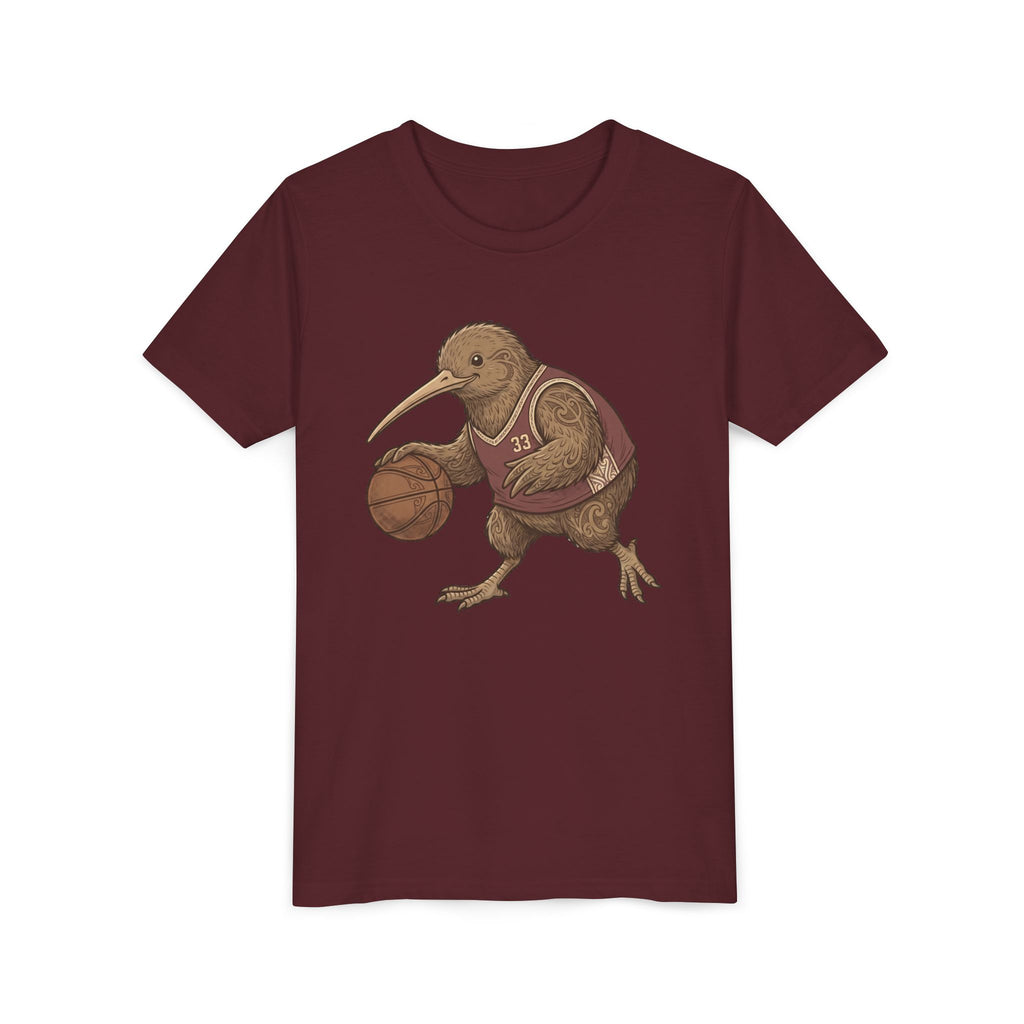 Kids Kiwi Basketball T‑Shirt — Cute Kiwi Bird Dribbling Graphic Tee