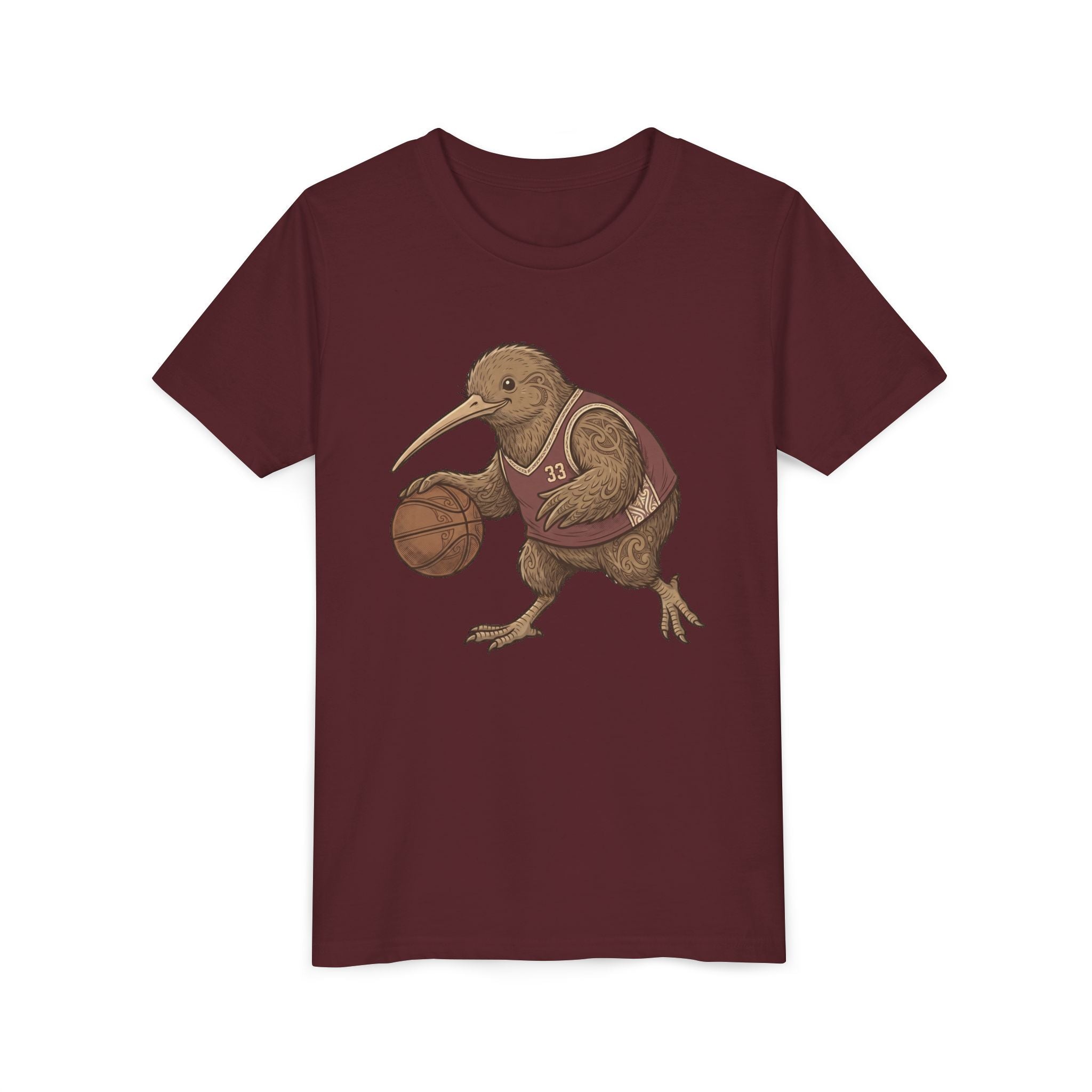 Kids Kiwi Basketball T‑Shirt — Cute Kiwi Bird Dribbling Graphic Tee