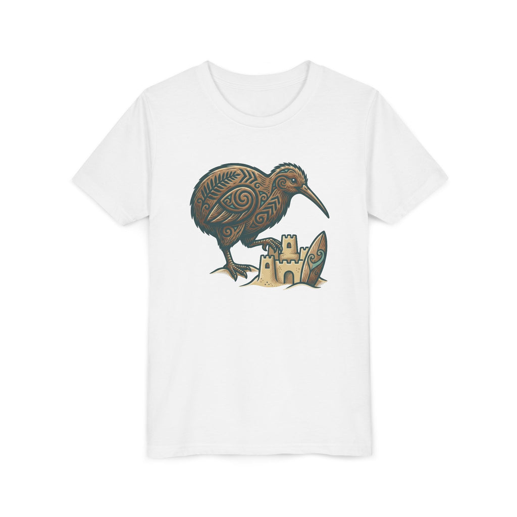 Youth Tee — Kiwi Bird & Sandcastle Kids T‑Shirt (Cute Beach Animal Design)