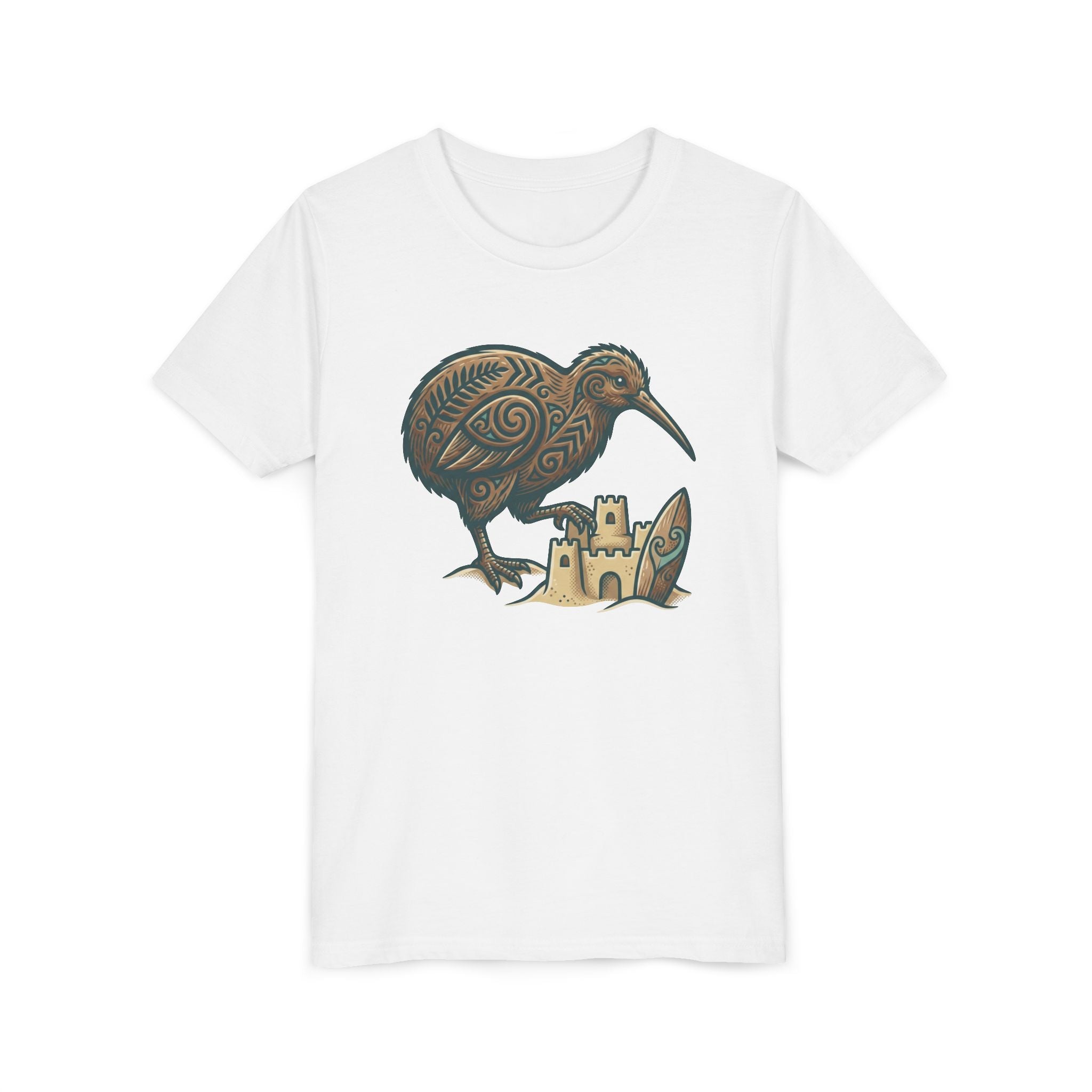 Youth Tee — Kiwi Bird & Sandcastle Kids T‑Shirt (Cute Beach Animal Design)