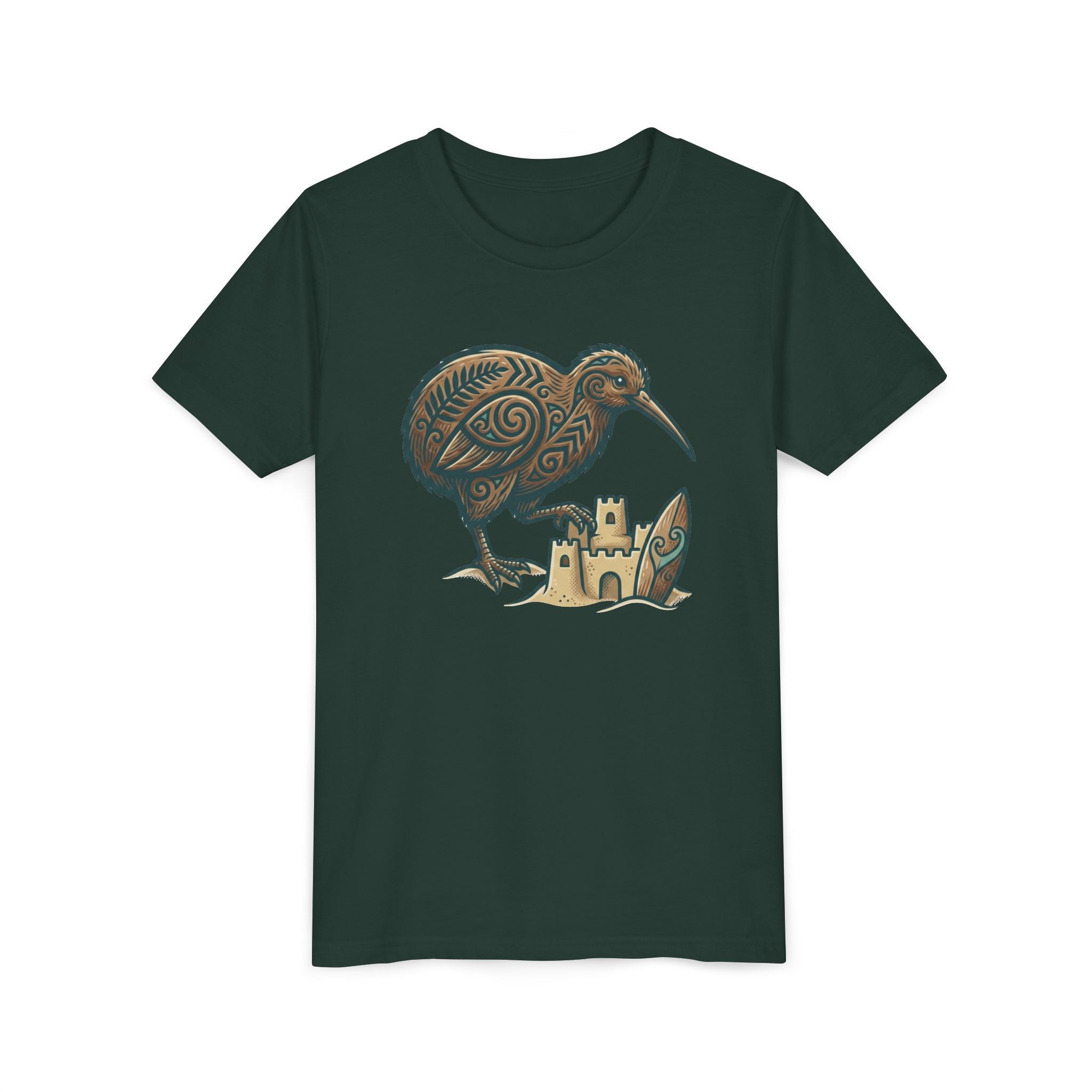 Youth Tee — Kiwi Bird & Sandcastle Kids T‑Shirt (Cute Beach Animal Design)